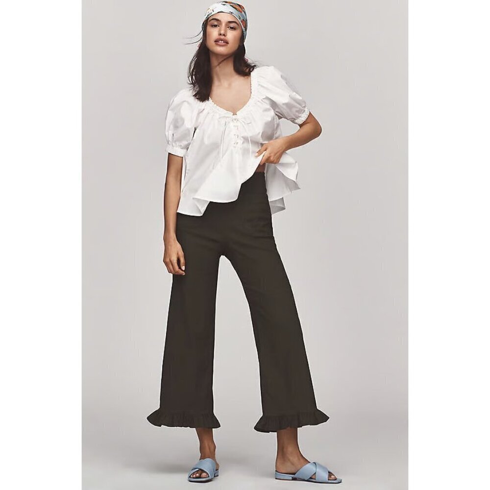 The Colette Magic Fabric Ruffle-Hem Crop Wide-Leg Pants by Maeve Olive Green 34